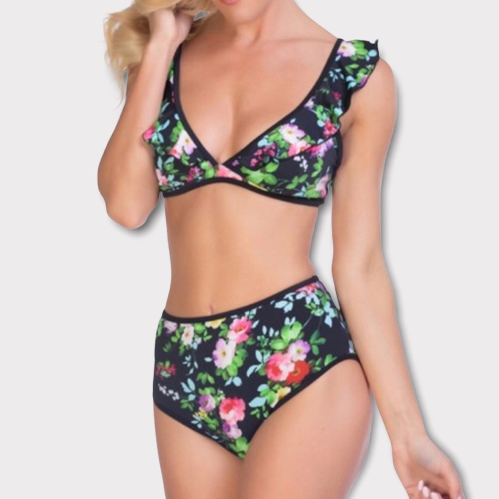 Beach Joy Bikini Black Floral Ruffle Bikini Set